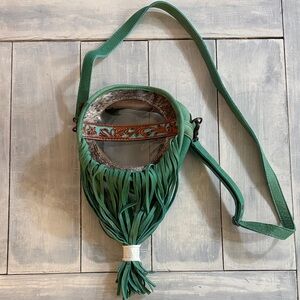Green Fringe Crossbody Bag with Tooled Leather Accent